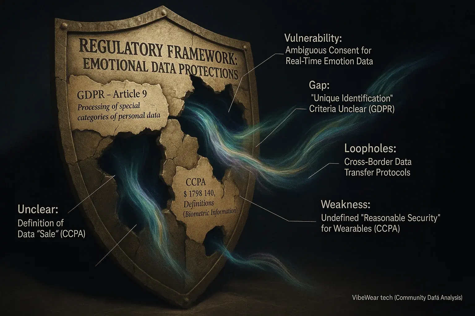 Patchwork privacy laws: shield with holes &amp; missing pieces, data flowing through, exposing wearables.