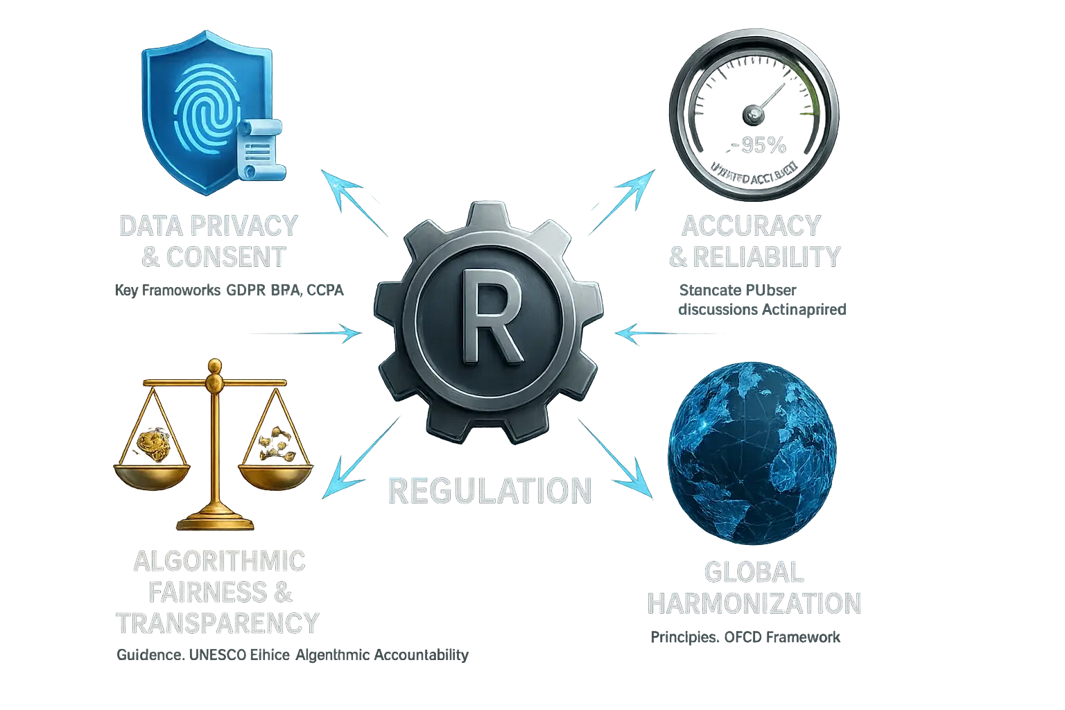 Infographic: Icons for privacy, accuracy, consent, ethics, &amp; global standards interconnect &amp; point to central VibeWear