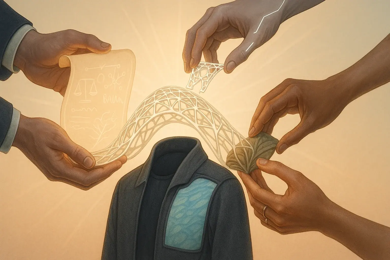 Policymaker, developer, &amp; user hands building a bridge over VibeWear for collaborative, responsible regulation.