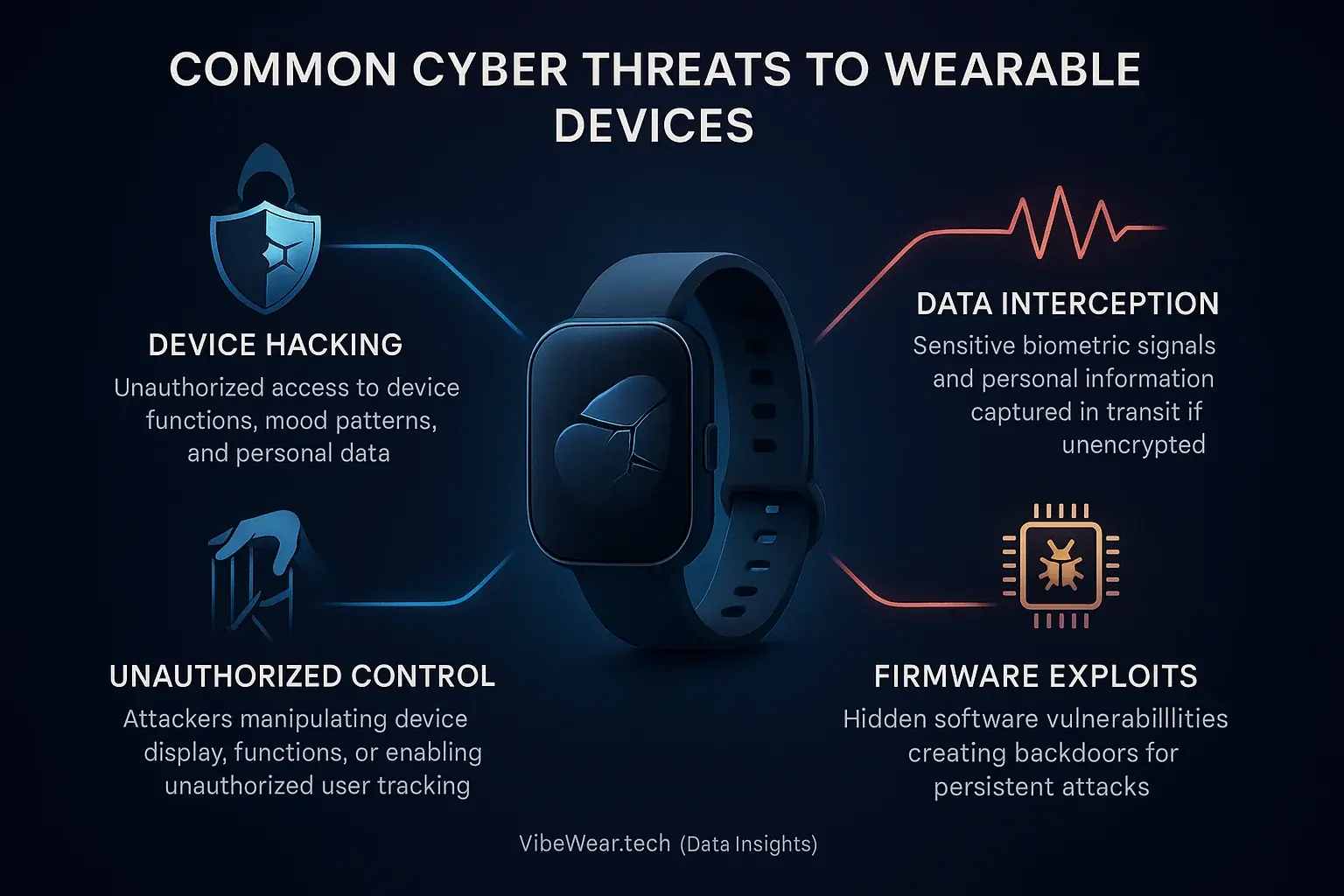 Infographic visualizing key wearable cyber-attack vectors: data interception, device hacking, unauthorized control.