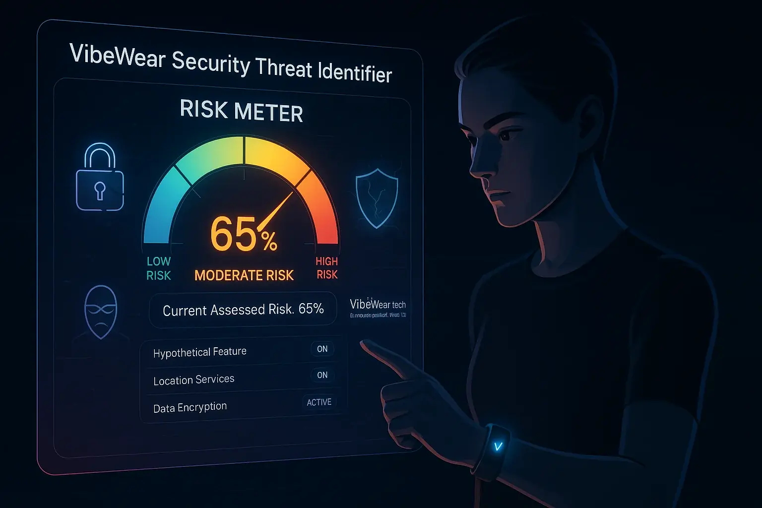 Stylized VibeWear user with threat icons (lock, shield, mask) &amp; risk meter, illustrating VibeWear&#x27;s security risk assessment.