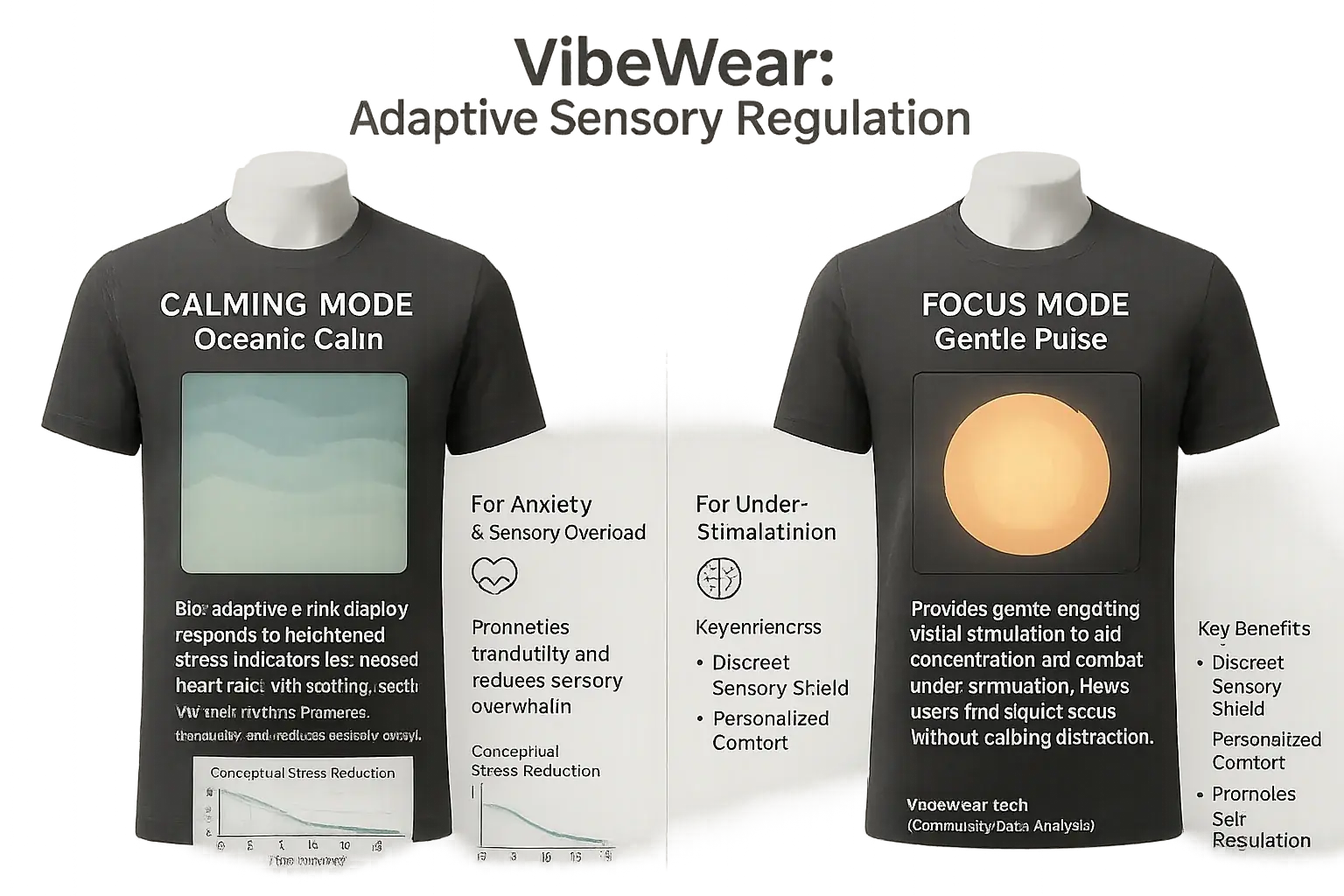 VibeWear infographic: Calming vs. stimulating light patterns for sensory regulation (anxiety/overload).