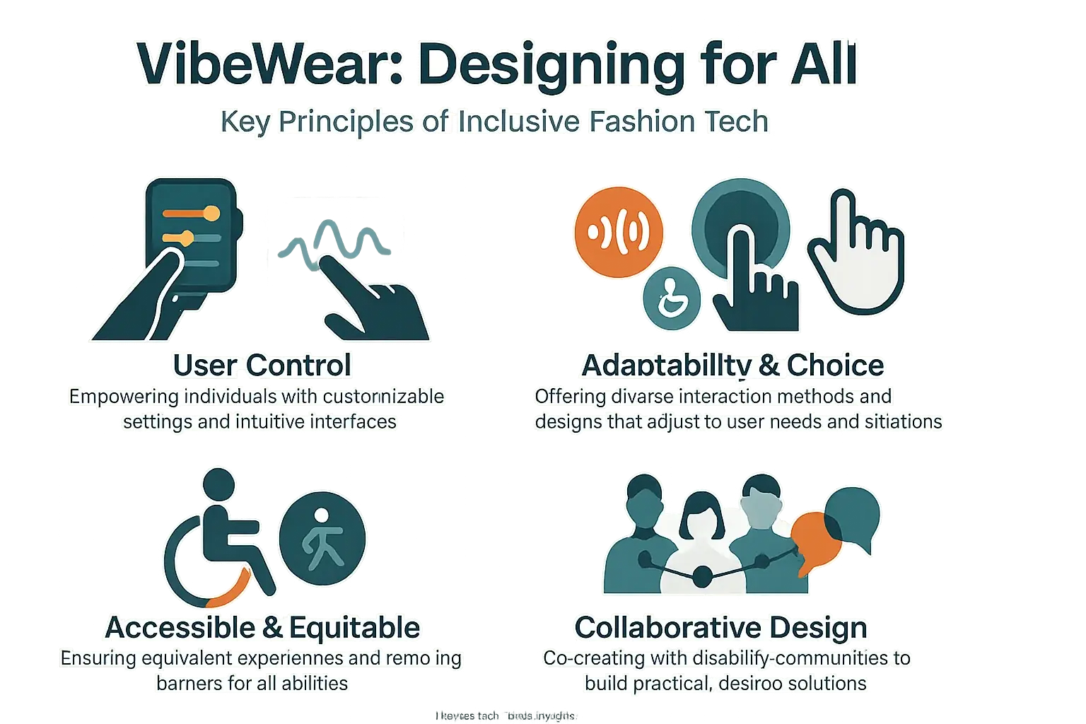 Infographic: Four pillars of inclusive fashion tech: User-Centered, Accessible, Adaptable, Equitable, each with an icon.