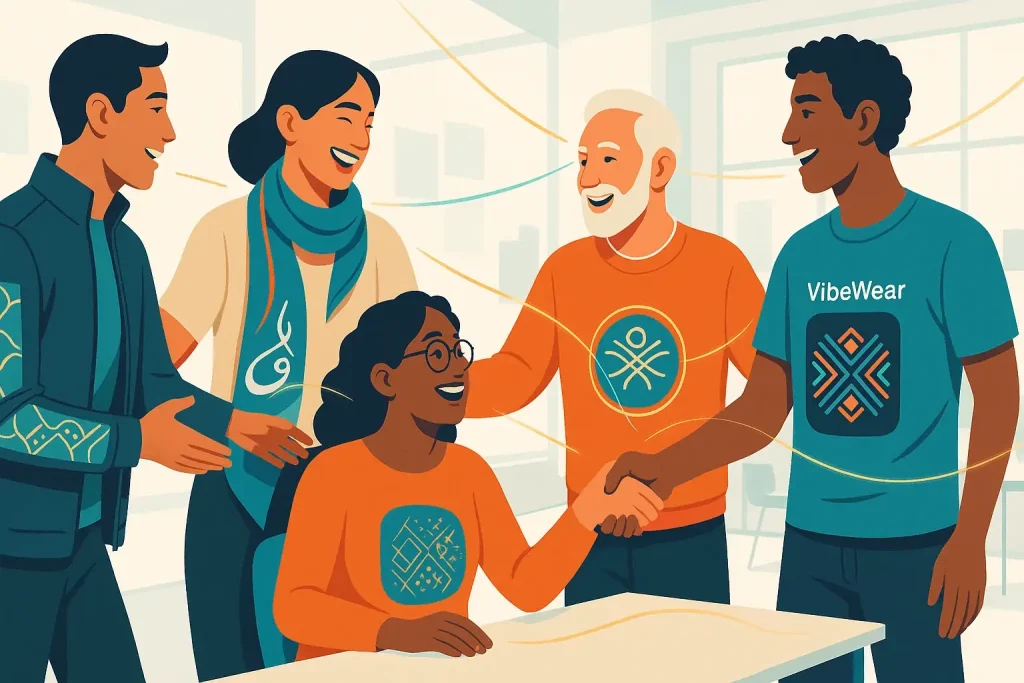 Diverse individuals interact, VibeWear's dynamic patterns embody cultural respect & inclusive design.