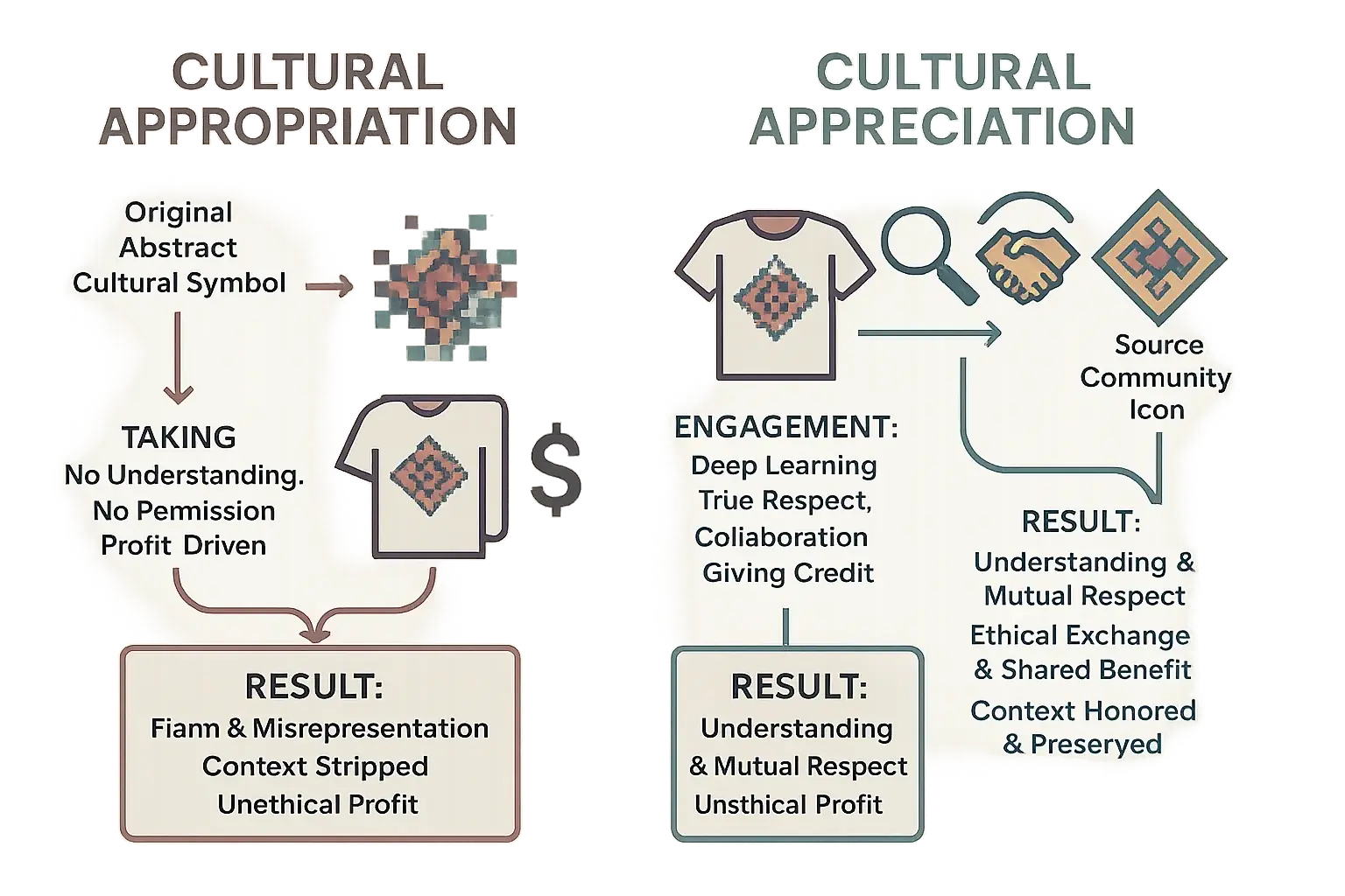 Flowchart: Appreciation (learning, respect, credit) vs. Appropriation (taking, misrepresenting, profiting without