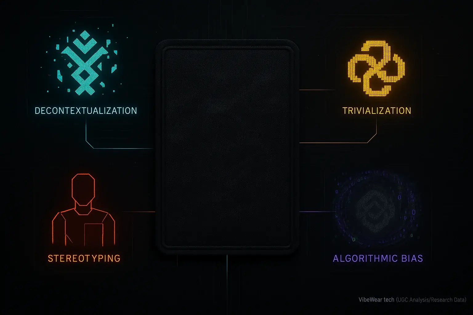 Tech infographic: Abstract icons show appropriation risks: decontextualization, trivialization, stereotyping &amp; algorithmic