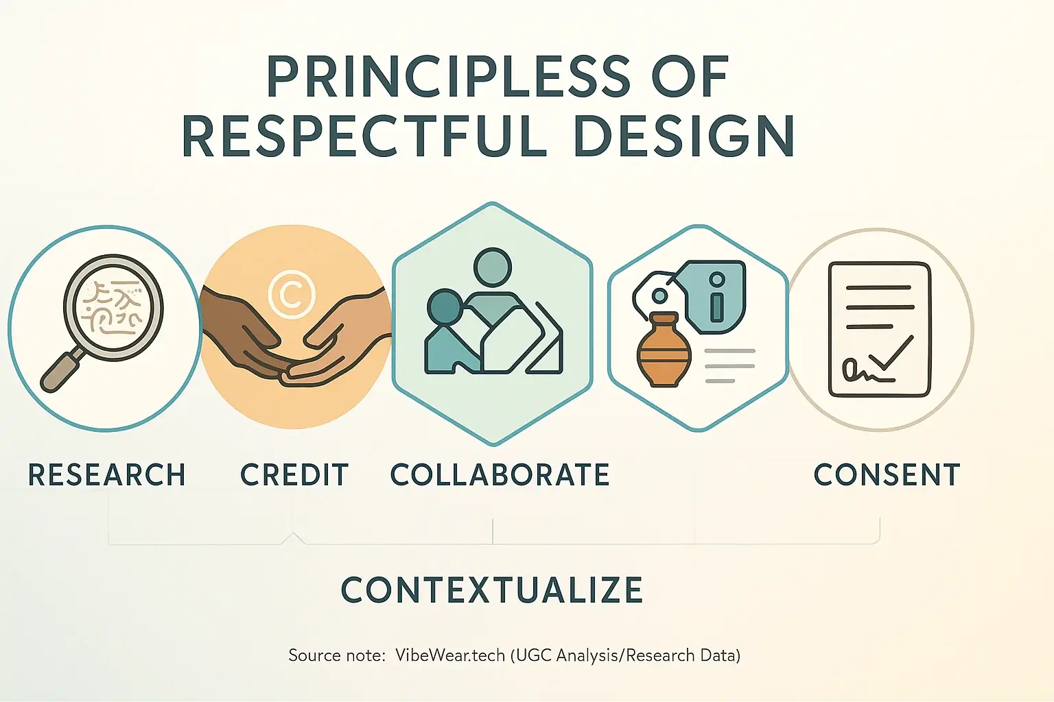 Five icons list key respectful design principles: Research, Credit, Collaborate, Contextualize, Consent.