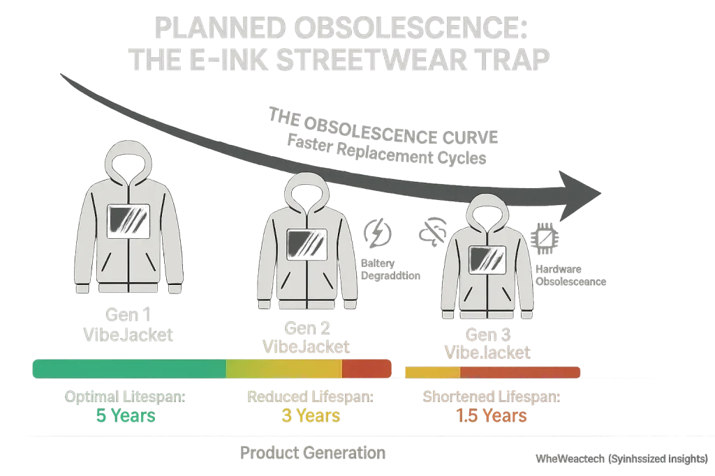 Fashion tech product lifecycles shortening over time due to tech component design, illustrating planned obsolescence.