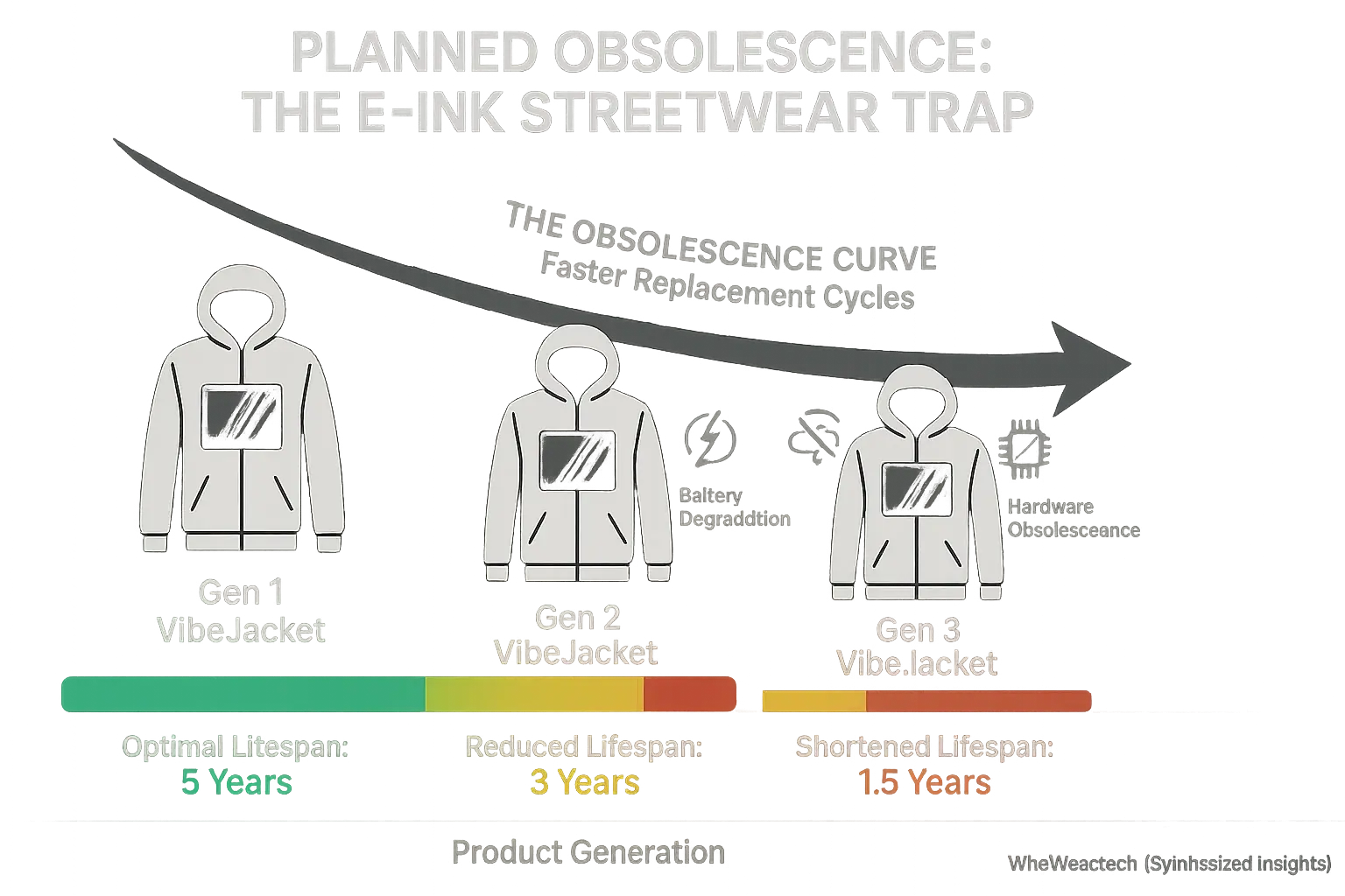 Fashion tech product lifecycles shortening over time due to tech component design, illustrating planned obsolescence.