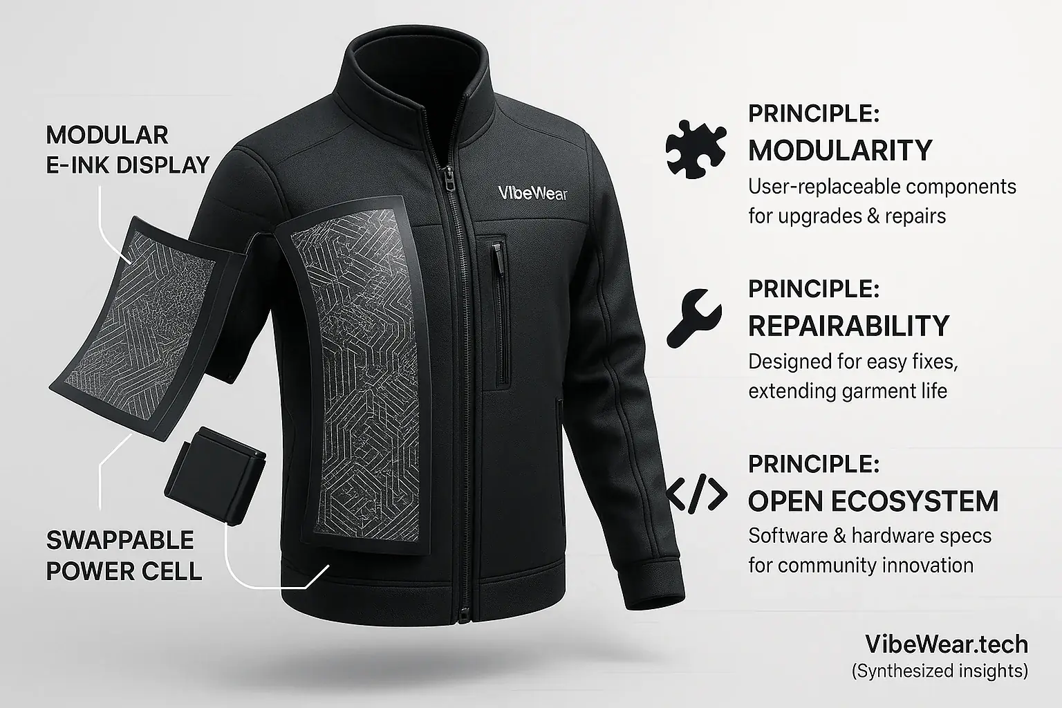 Infographic: Key principles for VibeWear's longevity—modularity, open-source software, repairability.