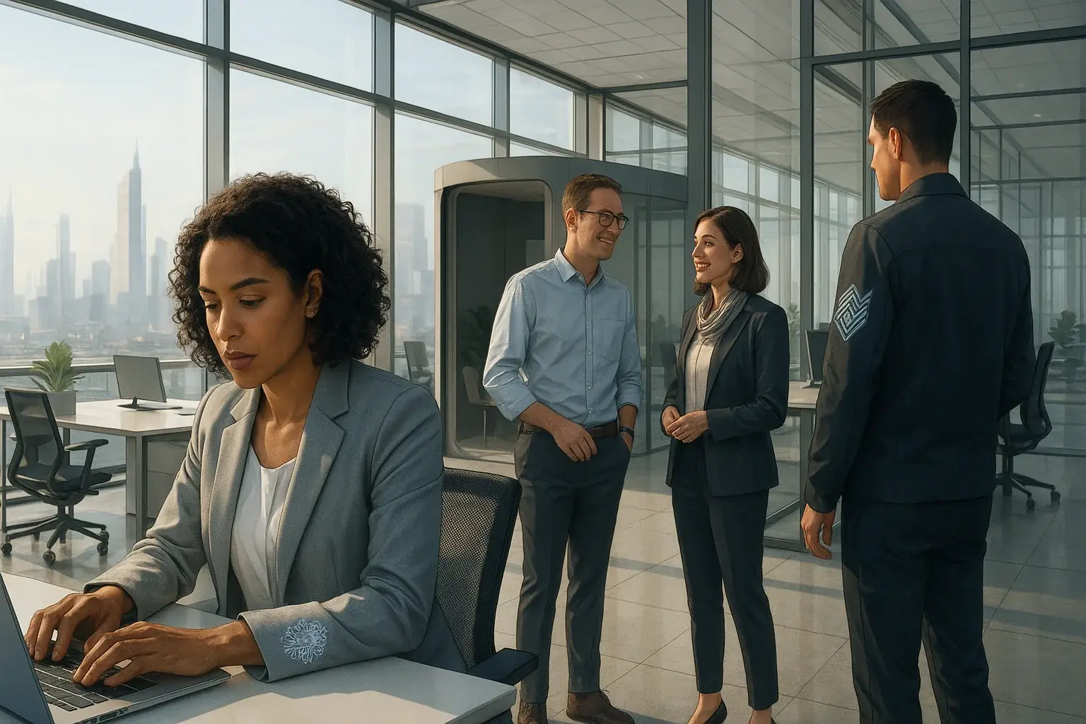 Open-plan office: Subtle E-Ink clothing patterns on diverse staff visually signal work status, a new communication layer.