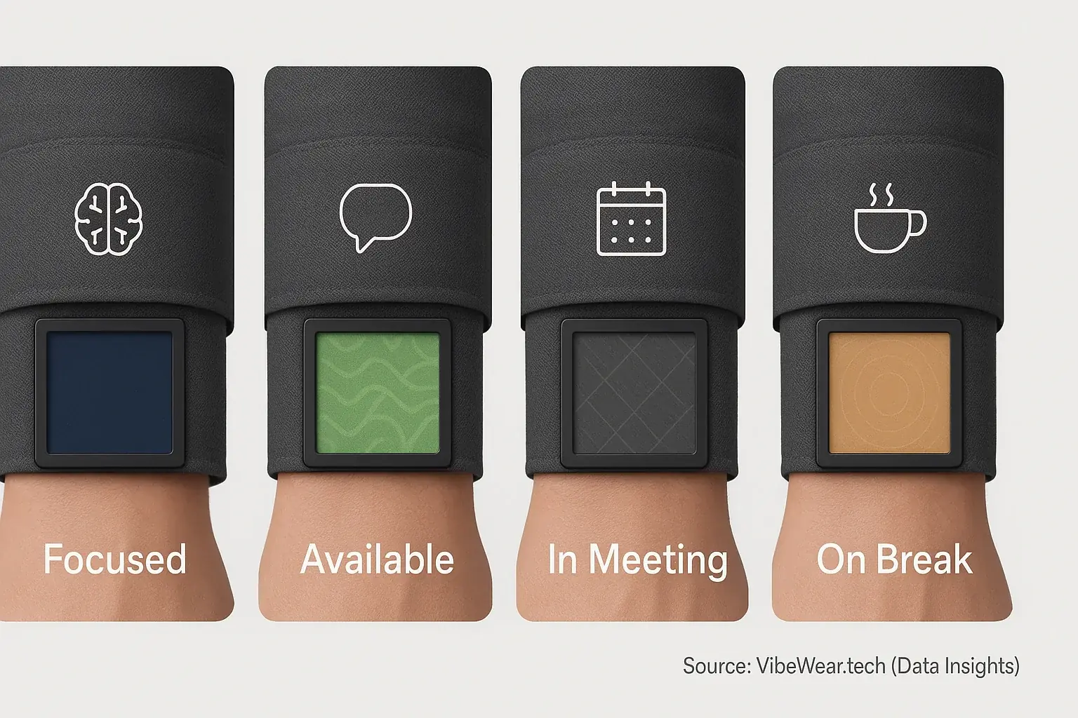 VibeWear E-Ink icons on sleeve/collar dynamically show work statuses: Focused, Available, In Meeting, On Break.