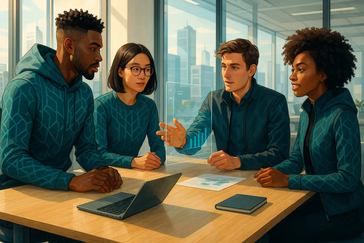 Diverse team in modern, vibrant office; dynamic VibeWear subtly displays synchronized patterns, fostering cohesion.