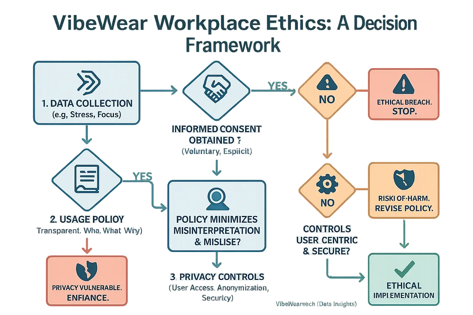 VibeWear workplace ethics flowchart: Icons; Data Collection, Consent, Usage Policy, Privacy Controls; Yes/No decision paths.