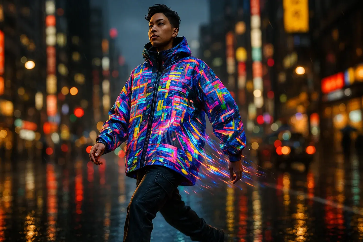 Vibrant, dynamic patterns on maximalist E-Ink streetwear worn by a person in an urban scene, showcasing E-Ink's bold new