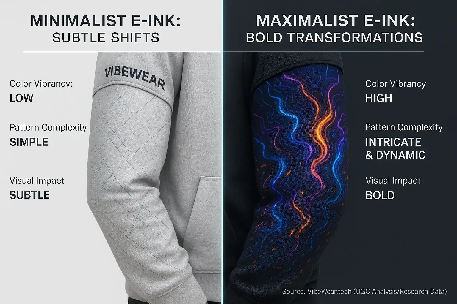 Maximalist E-Ink's bold transformations via vibrant colors &amp; complex patterns, contrasting minimalist's subtle shifts.