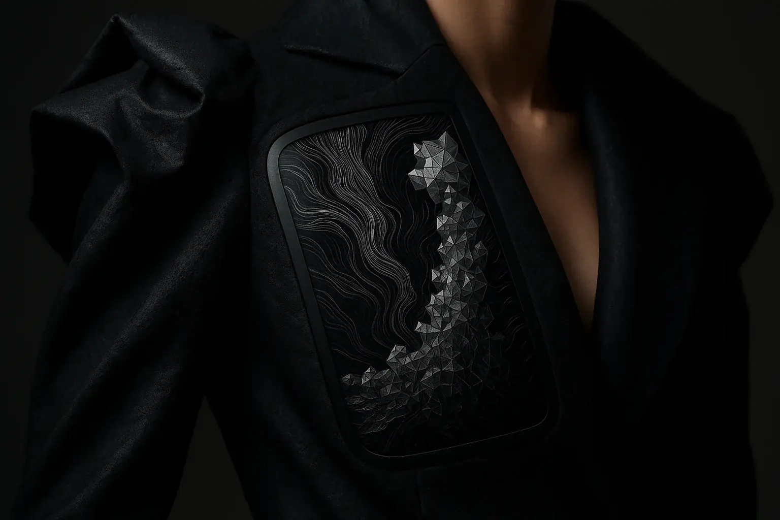 E-Ink display overtly integrated into clothing as a bold, artistic statement piece.