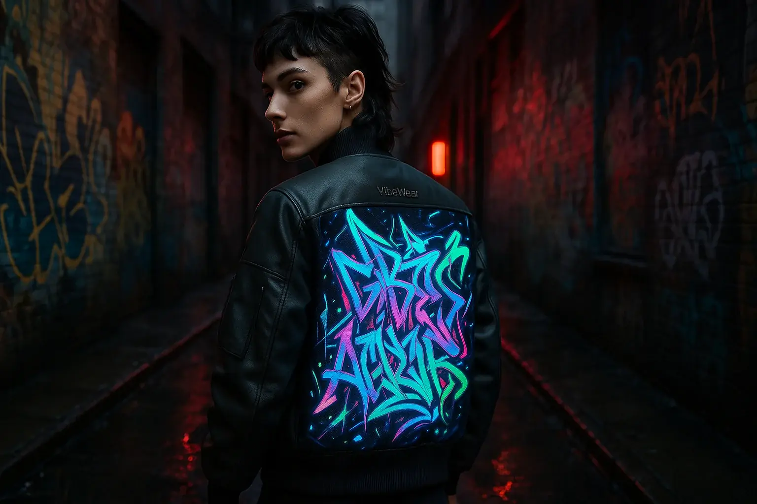 VibeWear E-Ink garment: street art patterns pulse with city energy, fusing digital art &amp; urban expression.