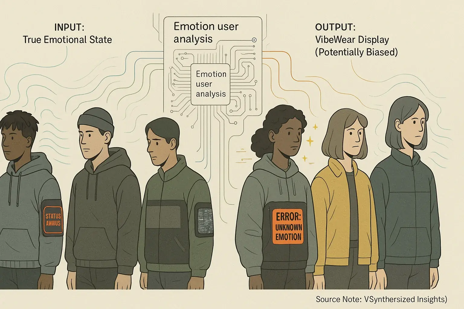 Infographic: Biased data enters VibeWear system, misrepresenting some diverse users and showing algorithmic bias.