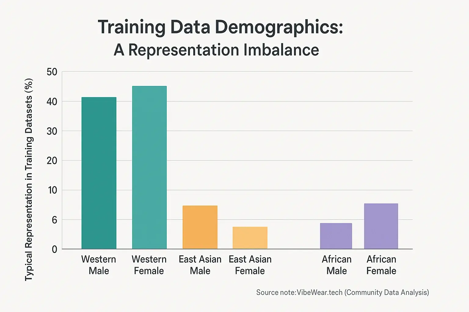 Bar chart showing stark demographic disparities in emotion data team training data, highlighting underrepresentation and