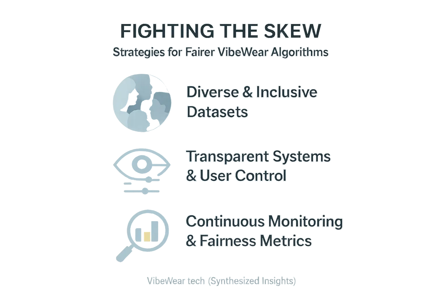 Checklist infographic with icons: Mitigating VibeWear algorithm bias—diverse data, transparency, feedback.
