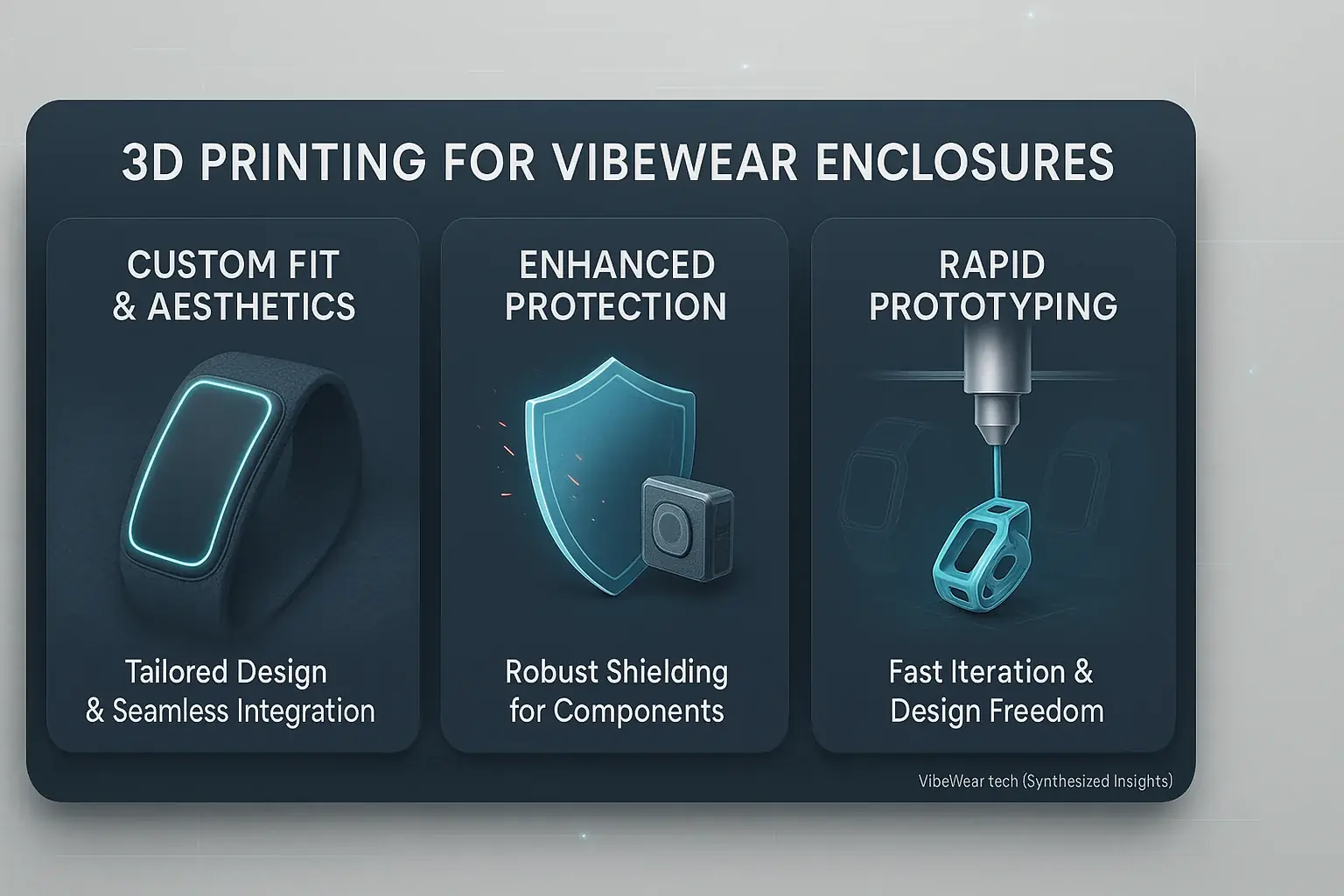 Infographic showing VibeWear's 3D printing benefits: Custom Fit & Aesthetics, Enhanced Protection, Rapid Prototyping.