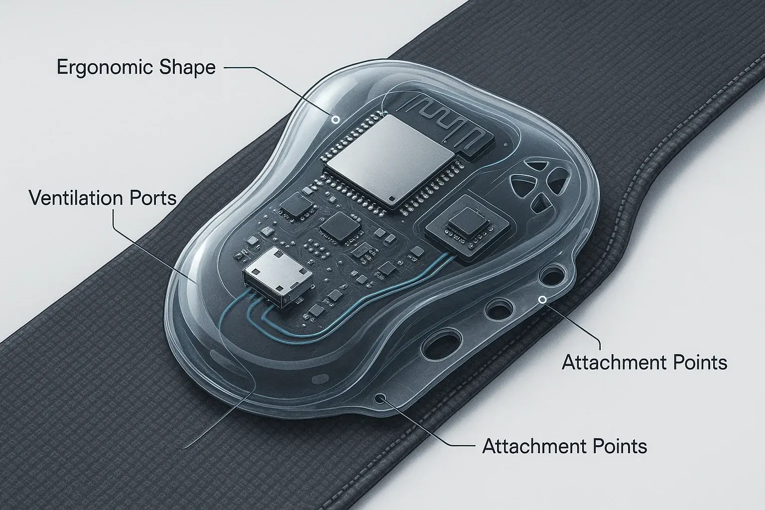 3D-printed wearable enclosure on fabric; transparent, showing internals, callouts for ergonomics, ventilation, attachment.