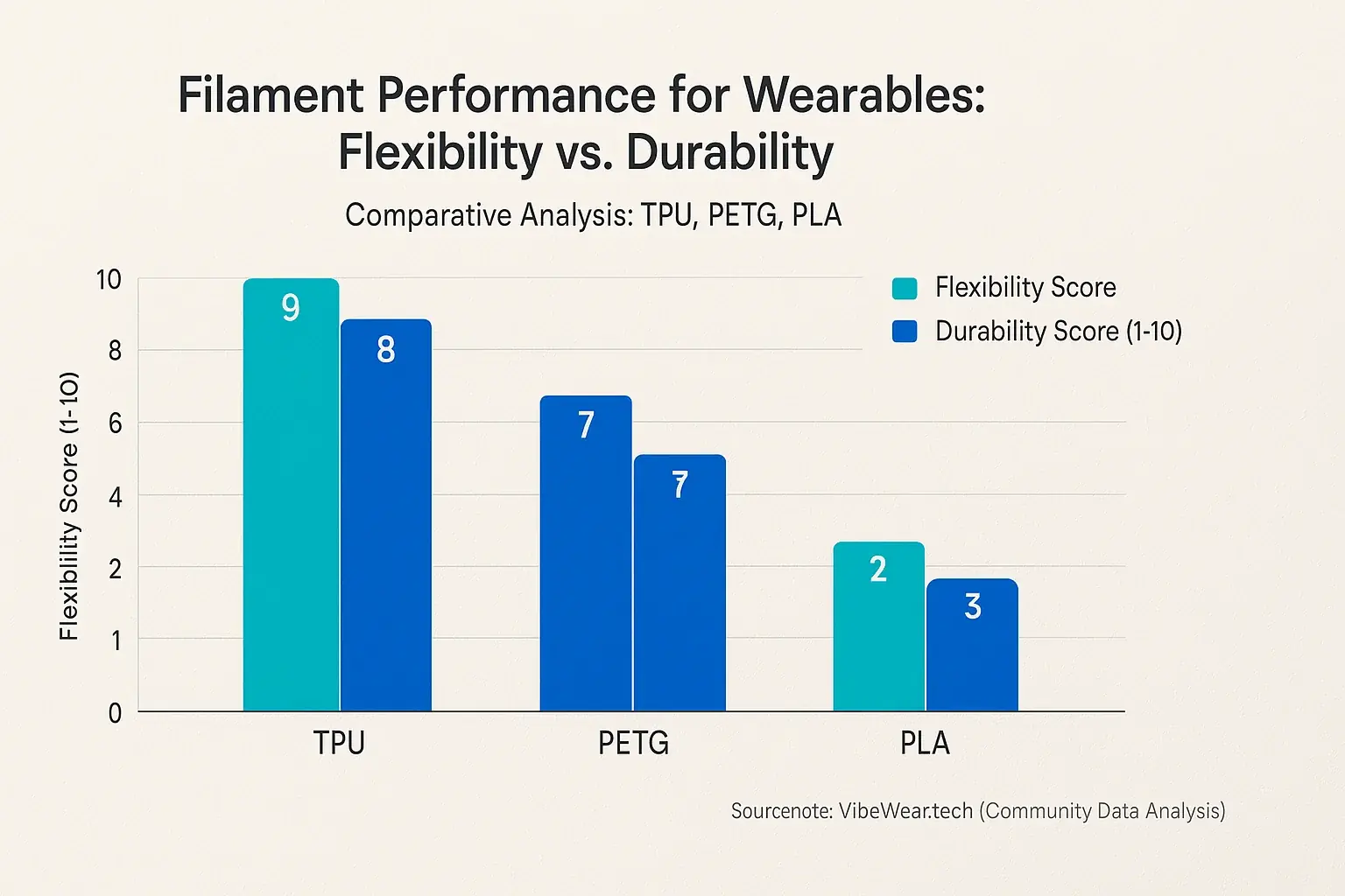 Bar chart: TPU (Flex:9, Dura:7) leads for flexible & durable VibeWear vs. PETG (Flex:5, Dura:8) & PLA (Flex:2, Dura:5).