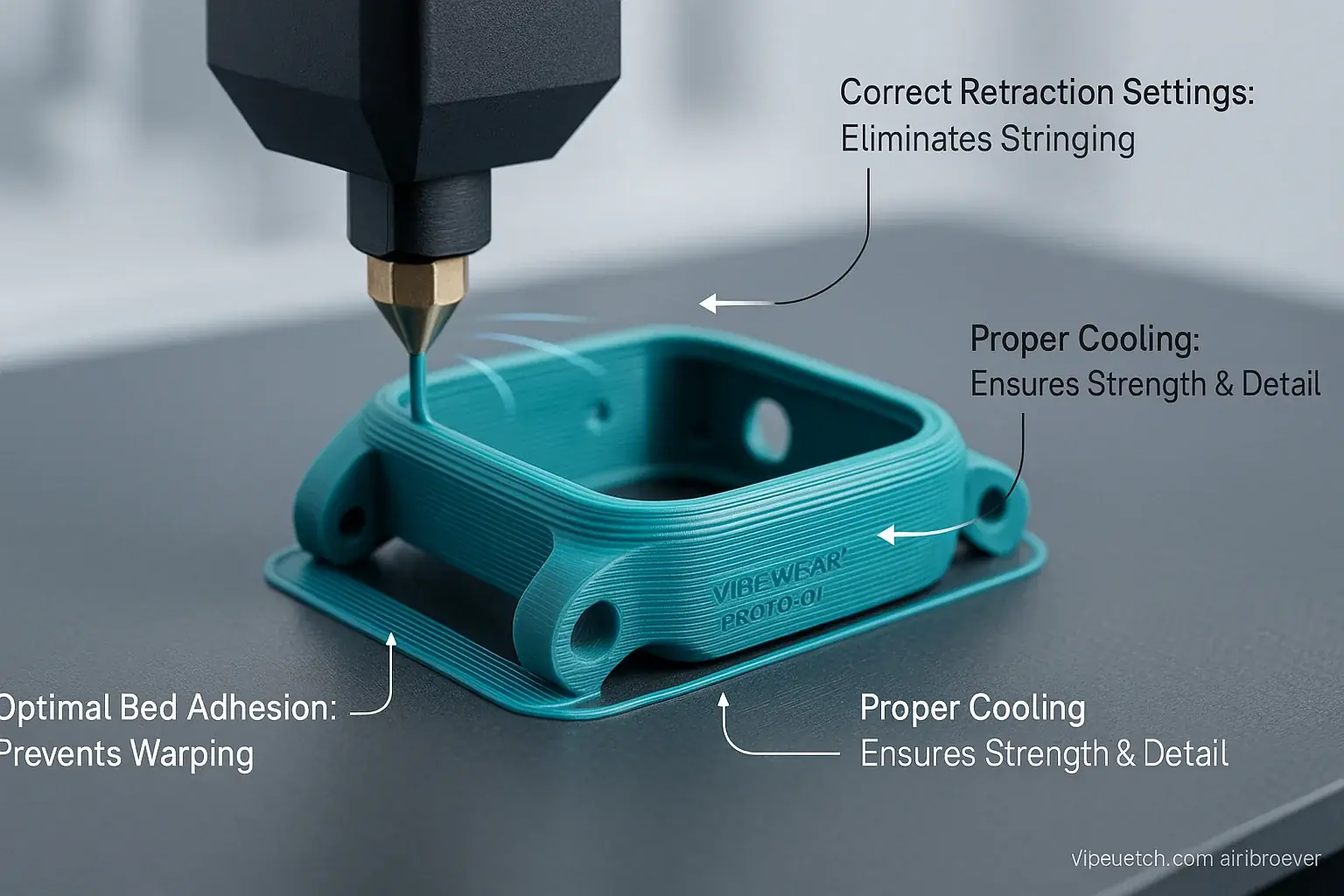 3D printer nozzle extruding filament, with callouts for bed adhesion, retraction, and cooling—key for wearable enclosures.