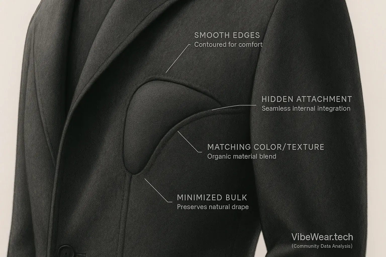 VibeWear garment: 3D-printed tech enclosure seamlessly blended, highlighting smooth edges, hidden attachment, and matching