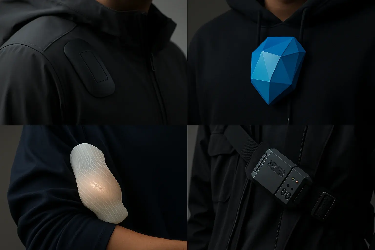 Collage: Four creative 3D-printed VibeWear enclosures—minimalist, bold geometric, organic textile, modular—integrated into