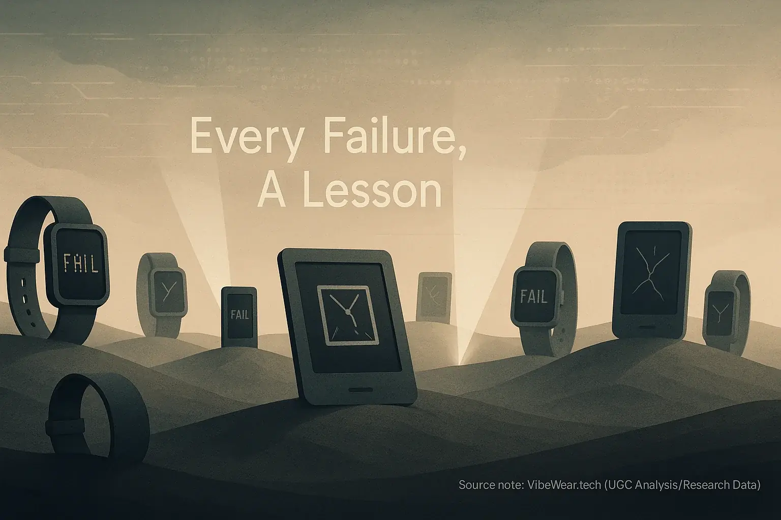 E-Graveyard of abstract failed E-Ink gadgets with 'fail' icons; lessons from fashion tech stumbles. 'Every Failure, A