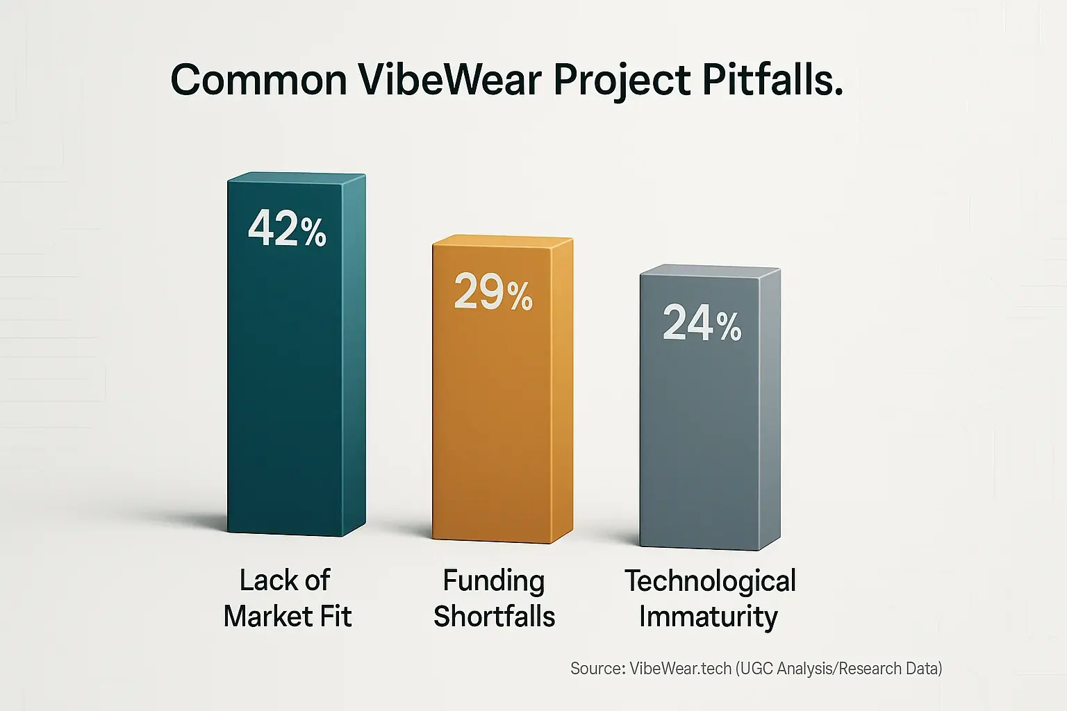 Bar chart: Top 3 VibeWear project pitfalls: Lack of Market Fit (42%), Funding Shortfalls (29%), Tech Immaturity (21%).