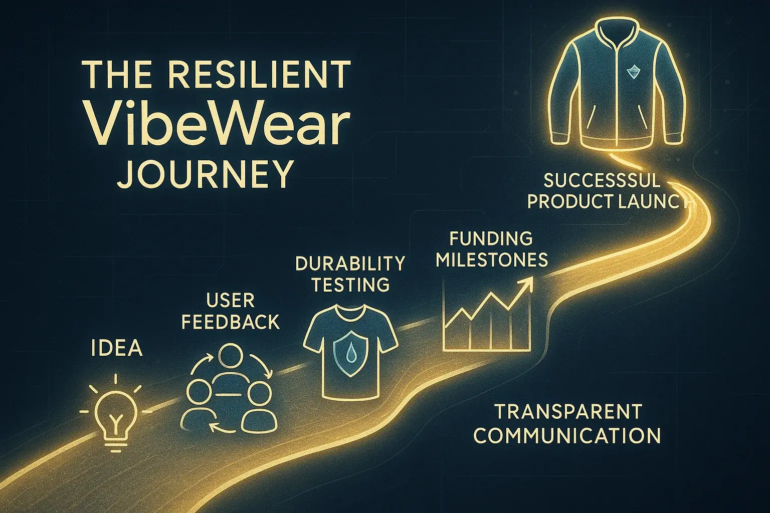 The Resilient VibeWear Journey: Pathway from idea to launch with feedback, durability, funding &amp; communication milestones.