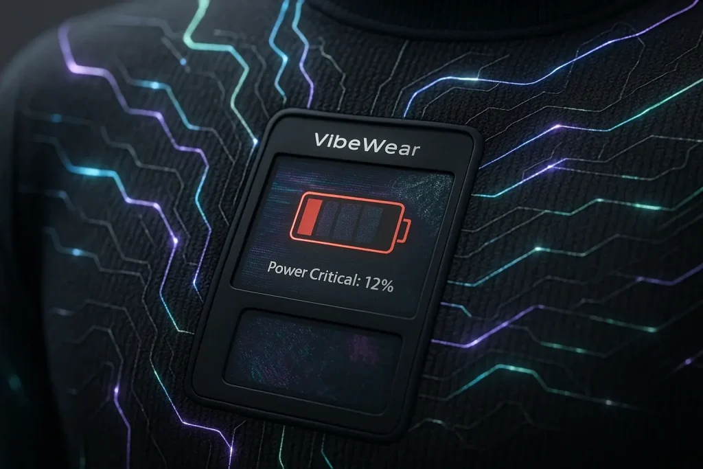 Conceptual futuristic garment with flowing blue/purple energy pathways, E-Ink display, visualizing adaptive fashion power.