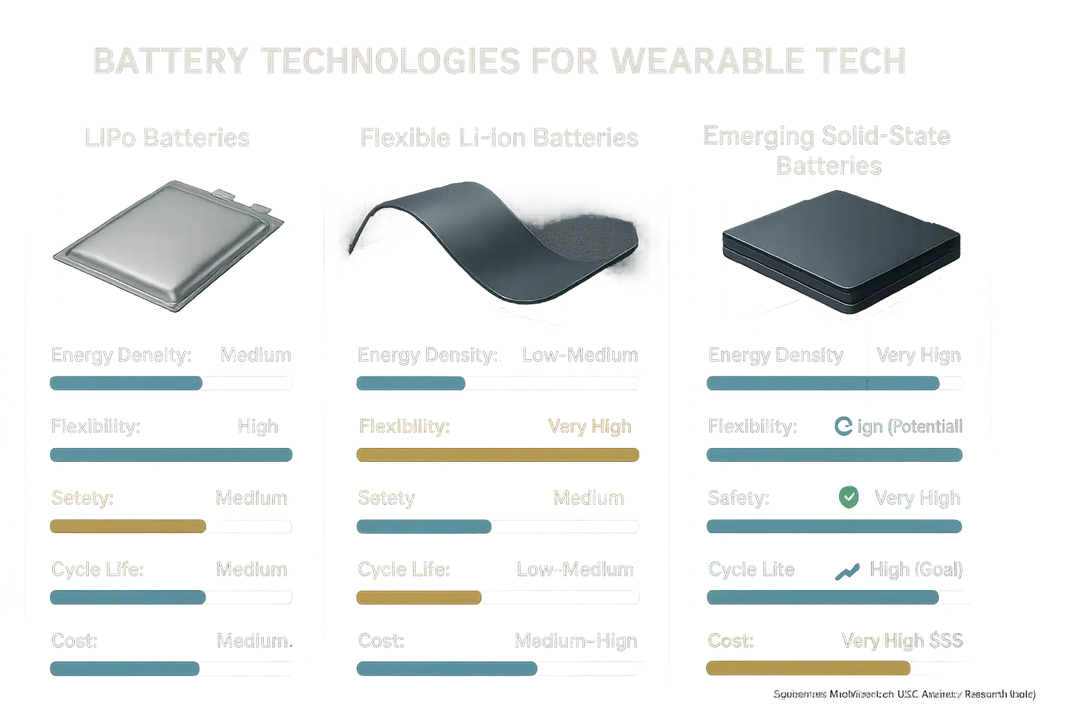Infographic: Solid-state leads future wearable battery safety/density; Flex-Li-ion for bendability; LiPo for current
