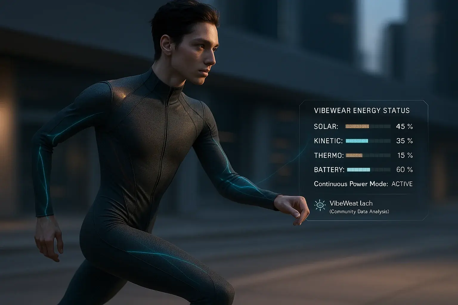 Futuristic garment: glowing lines capture kinetic energy from movement, shimmering fabric absorbs solar energy.