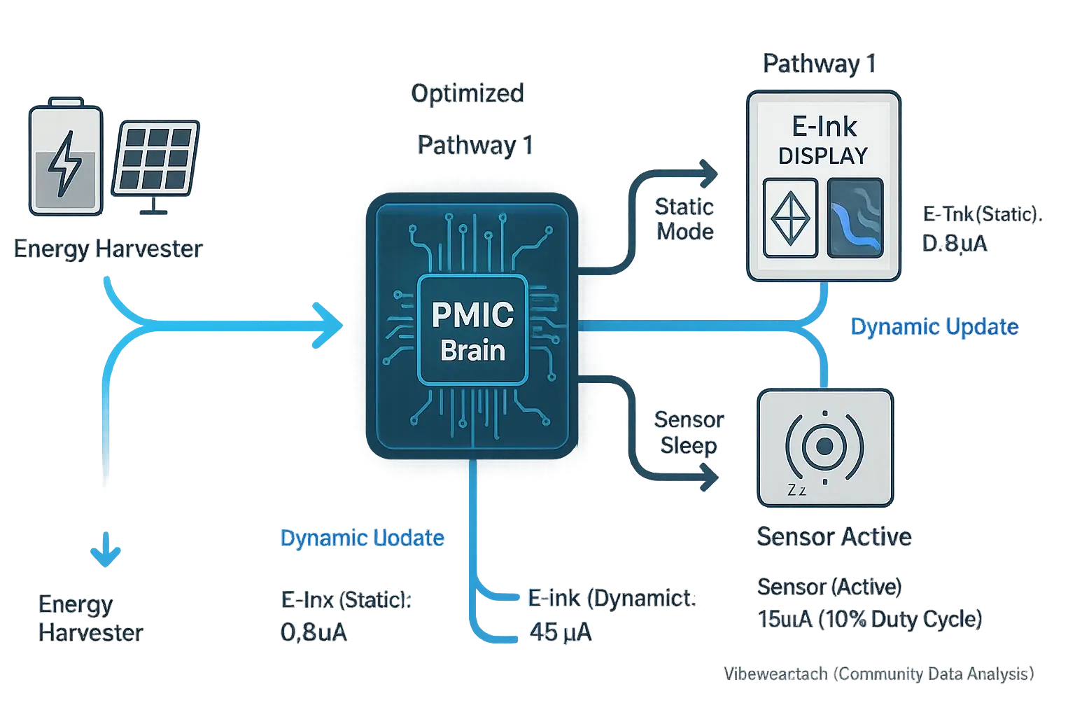 Schematic: PMIC 'brain' directs power from battery to E-Ink & sensors, optimizing refresh rates & duty cycles for efficiency.