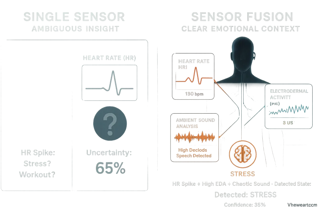 Single sensor's limited emotion view vs. VibeWear's multi-sensor (EDA, EEG, HRV) fusion for richer emotional intelligence.