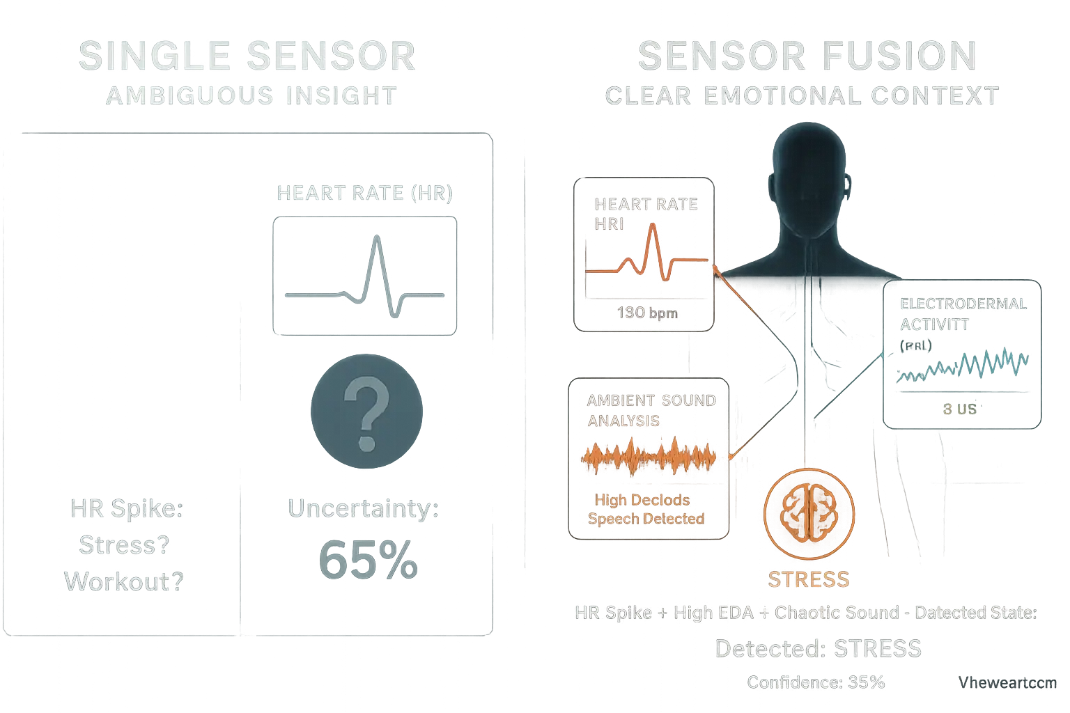 Single sensor's limited emotion view vs. VibeWear's multi-sensor (EDA, EEG, HRV) fusion for richer emotional intelligence.