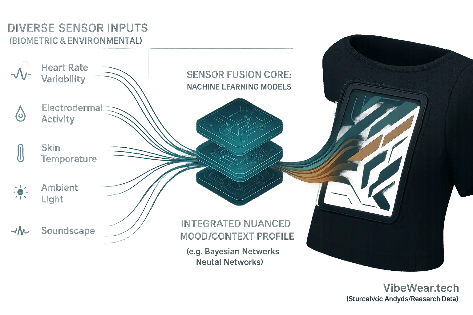 Sensor fusion flowchart: Biometric, environmental inputs processed by CPU to integrated, nuanced mood/context on E-Ink.