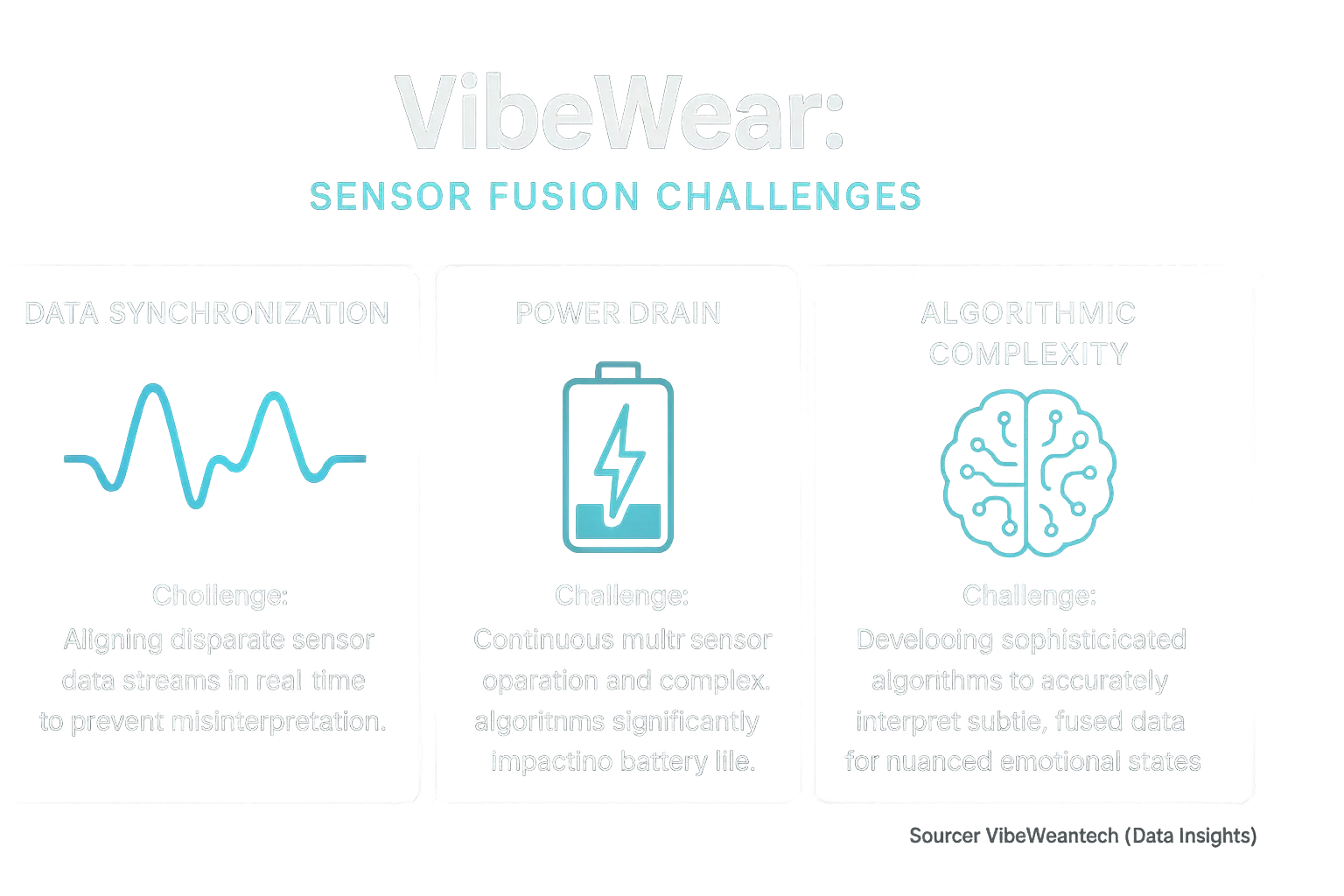 Infographic: Main sensor fusion challenges - data synchronization, power drain, algorithmic complexity, with icons for each.