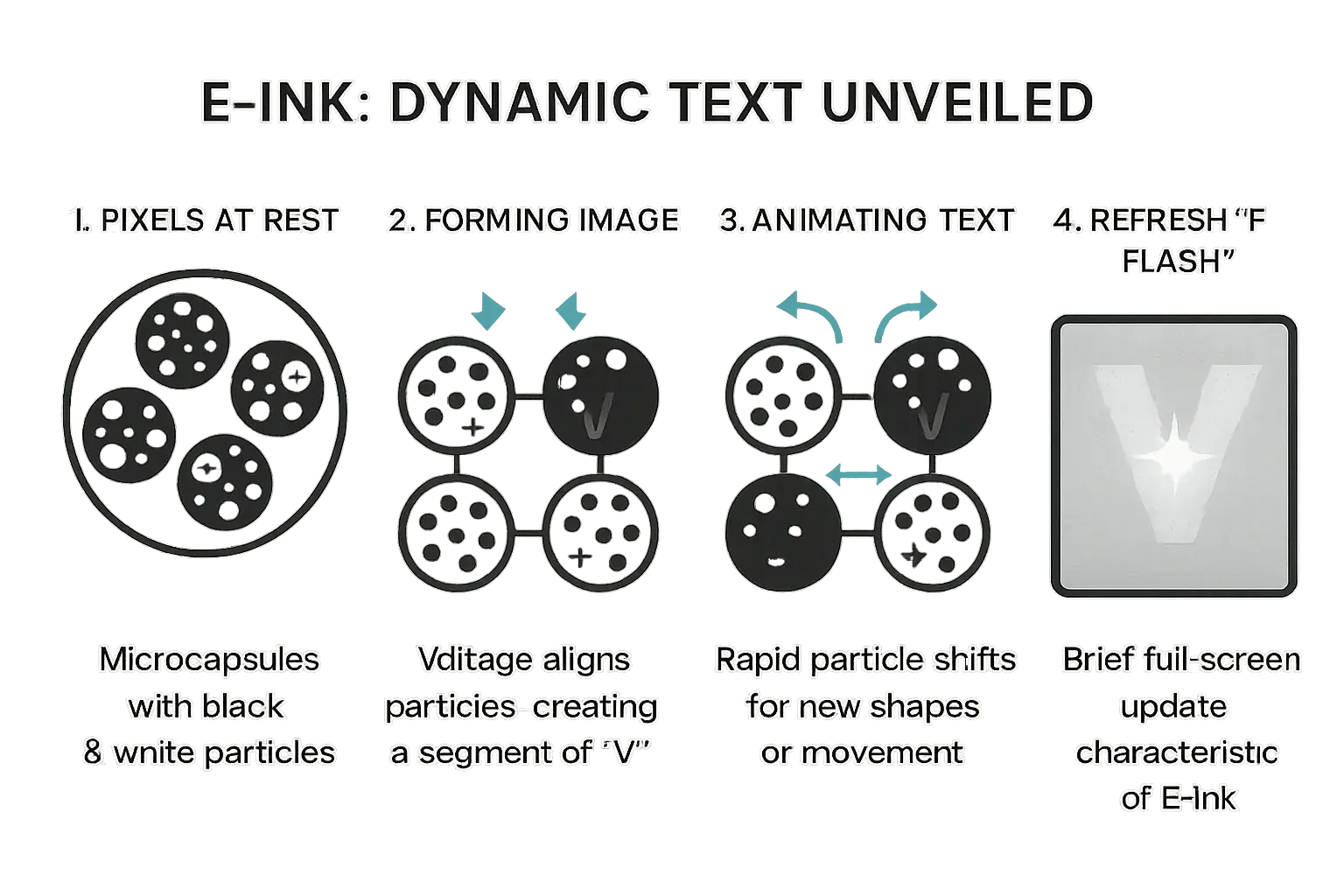Simplified E-Ink animation: Step-by-step particle movement in pixels, with refresh flash, creating dynamic text.