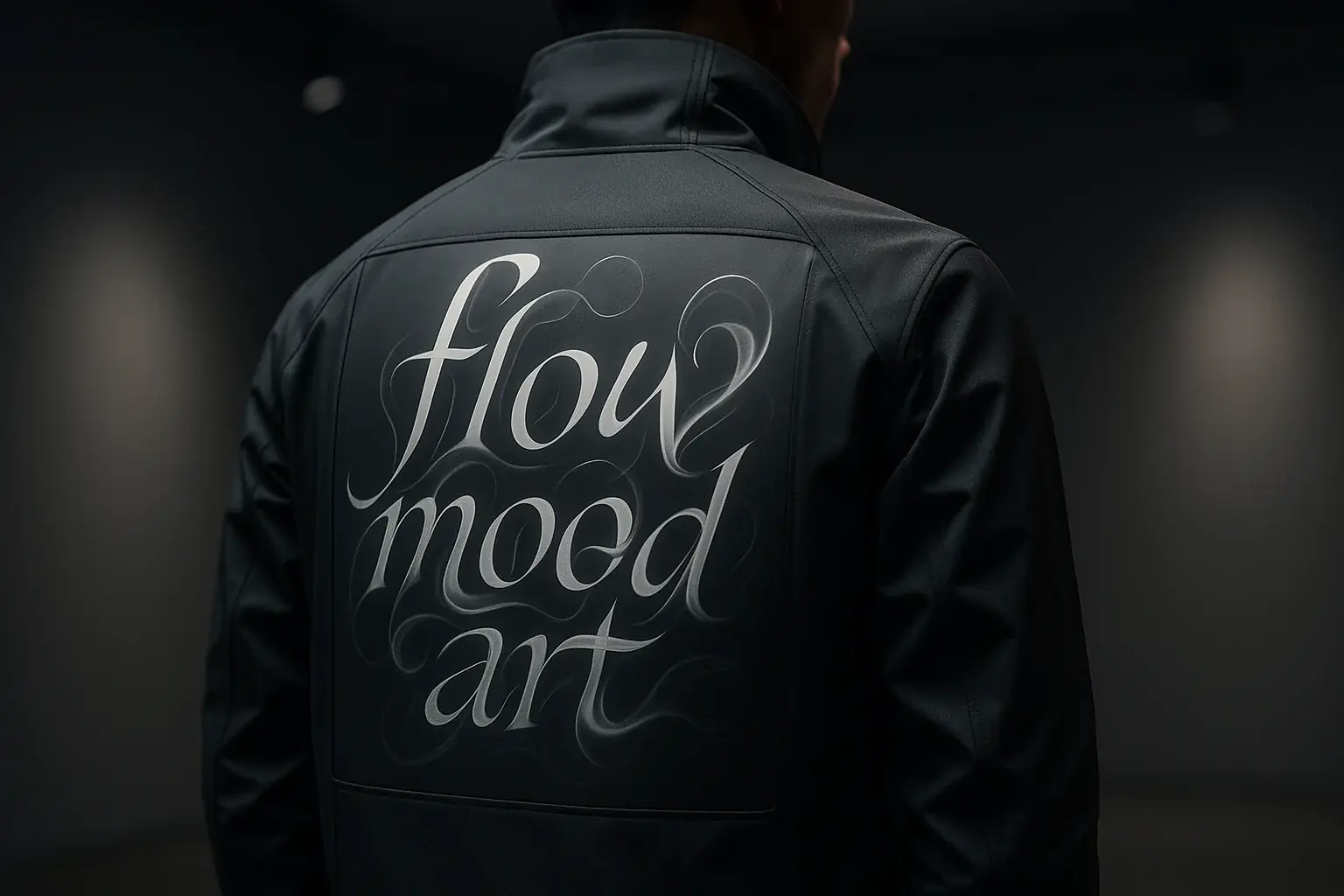 Abstract kinetic typography flows and morphs on an E-Ink jacket, a dynamic canvas for wearable artistry.