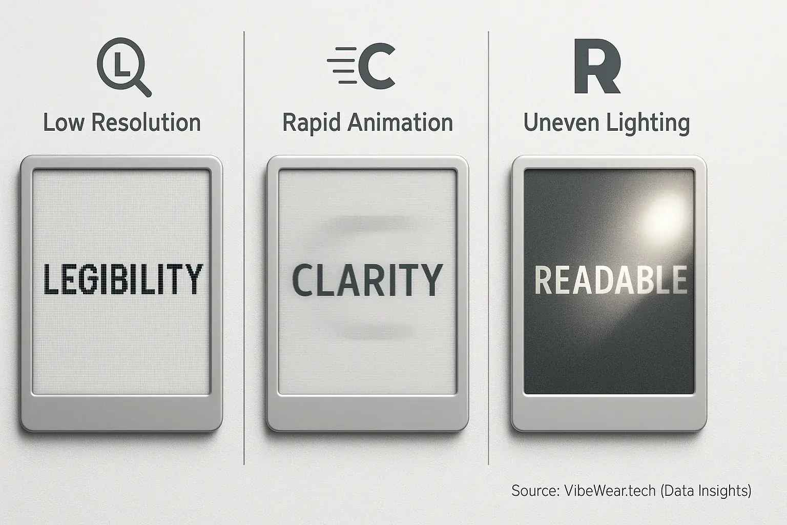 Infographic: Simple icons illustrate E-Ink typography legibility issues: pixelation, motion blur, glare.