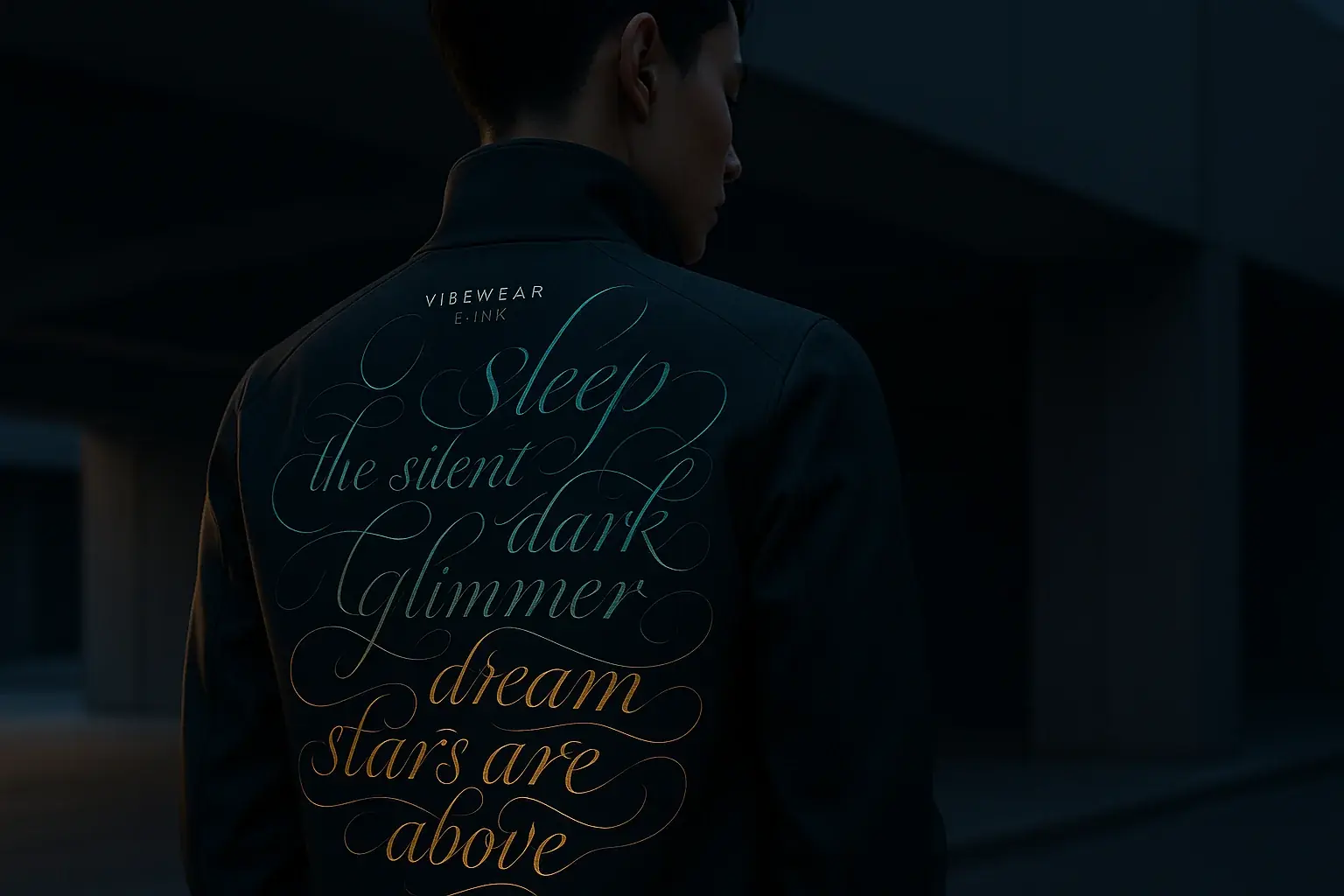Seamless VibeWear E-Ink clothing: ultra-fluid, full-color kinetic typography subtly adapts patterns to wearer/environment.
