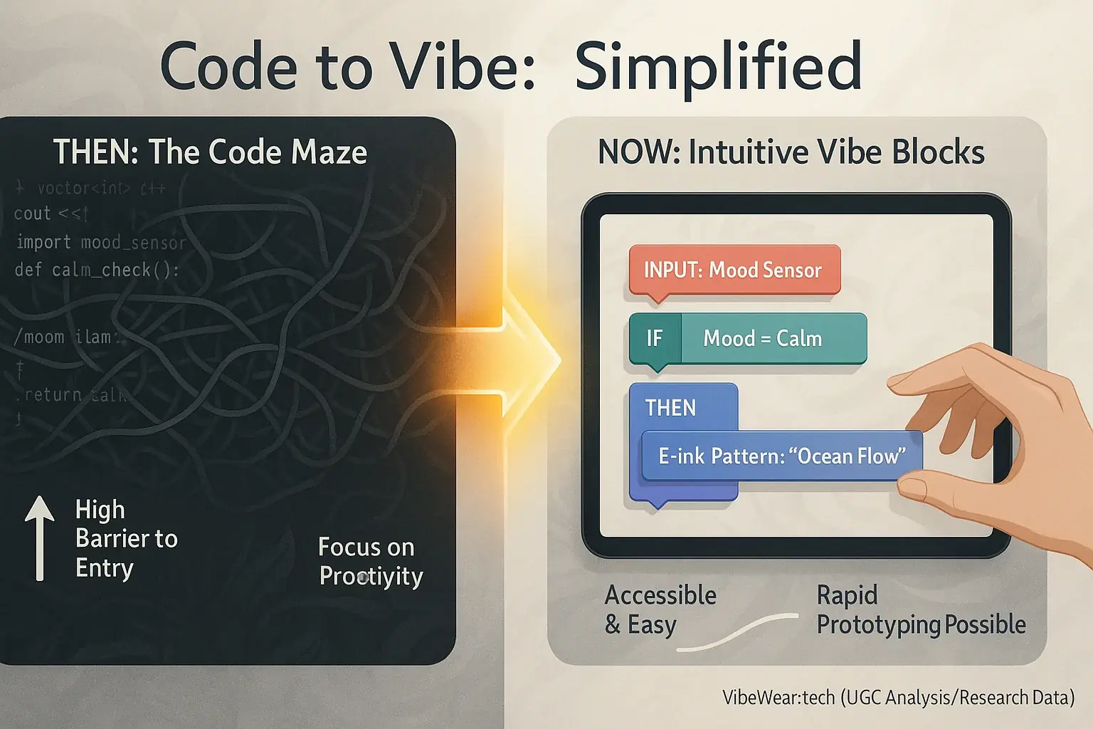 Infographic 'Code to Vibe: Simplified' contrasts no-code blocks with text code, showing accessible fashion tech creation.