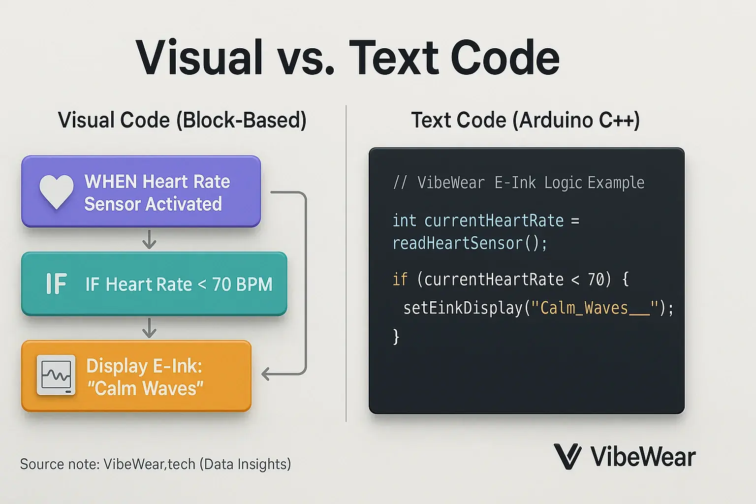 E-Ink sensor code: Visual blocks vs. text. Block code's clarity simplifies programming. 'Visual vs. Text Code'.