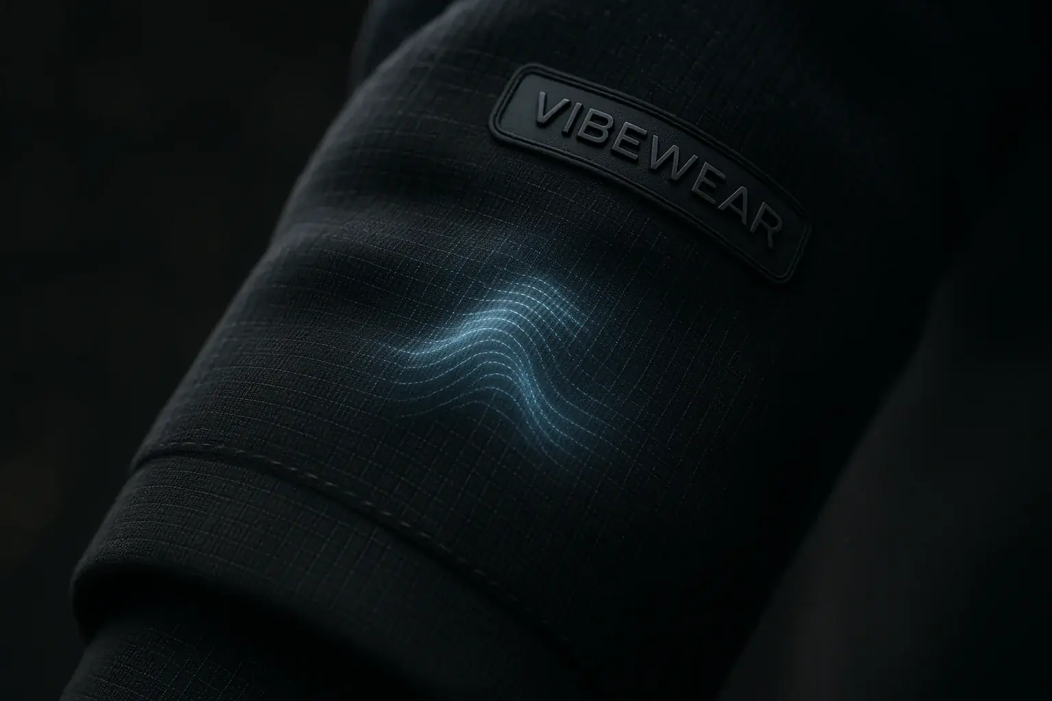 Futuristic seamless textile with barely visible sensors, its surface subtly rippling, embodying VibeWear's intuitive,