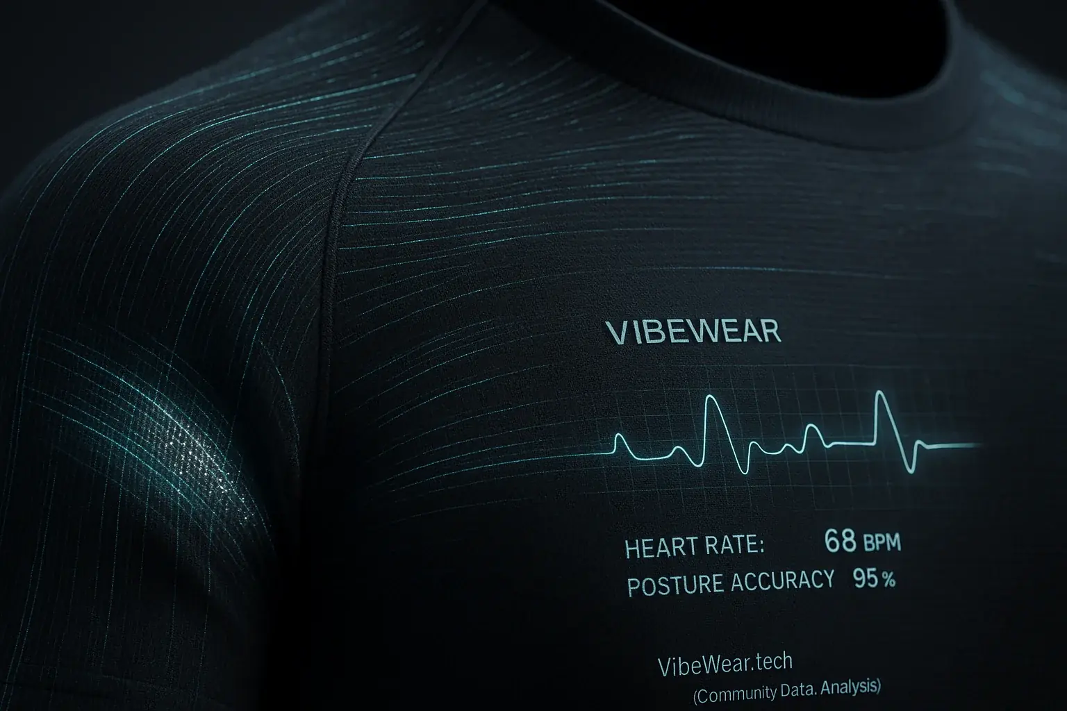 Woven fiber-optic threads in garment subtly glow; light signals react to stretch, showing adaptive sensor technology.
